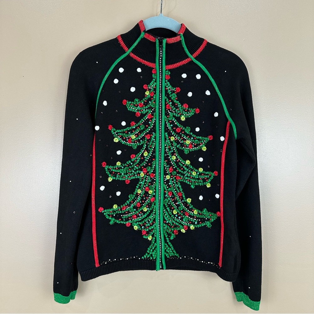 Christmas Tree Embellished Beaded Rhinestone Black Zip Cardigan Sweater Small